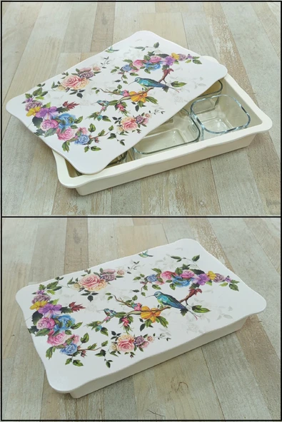 Pinkev Melamin Tepsili 6'lı Cam Kahvaltılık Kase Seti - Kuş Desenli ürün görseli