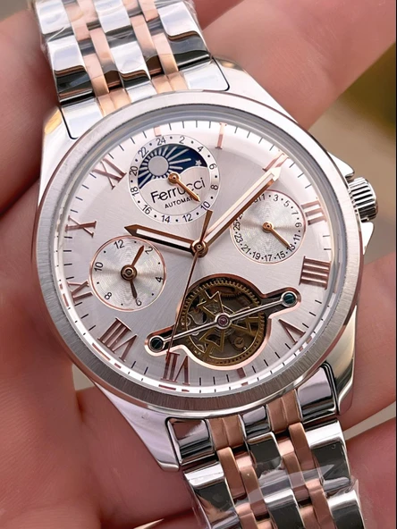 Ferrucci Otomatik Mehtap Ve Güneş Kadranlı Bileklik Hediyeli 3 Atm Erkek Kol Saat FF.G3606.4 - Resim 4