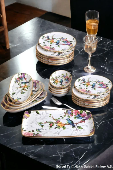 Pinkev Flora 21 Parça 12 Kişilik Seramik Kahvaltı Pasta Sunum Tabağı Takımı Seti - Kup124f ürün görseli