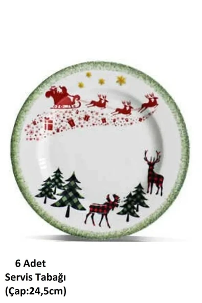 Pinkev 6 Kişilik Porselen 24,5cm Yılbaşı Desenli Servis Sunum Tabağı Tabak Seti - Resim 2