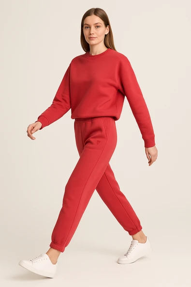 Kadın Paça Lastik Üç İp Şardonlu Ece Eşofman Altı Nar - Resim 2