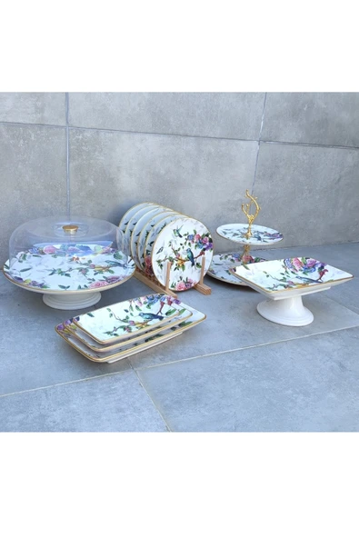 Pinkev 13 Parça 6 Kişilik Kuş Desenli Seramik Pasta Sunum Tabak Seti ürün görseli