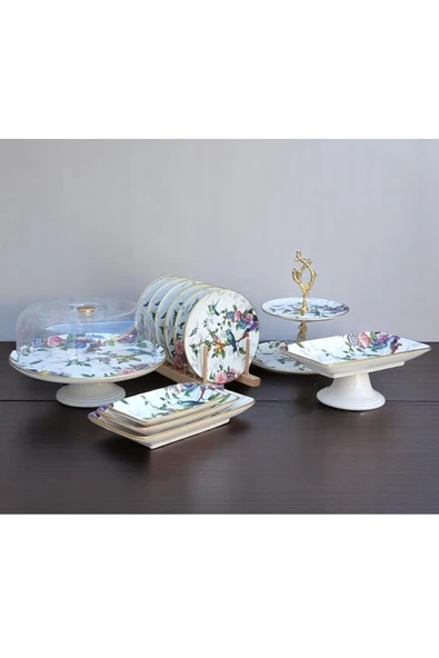Pinkev 13 Parça 6 Kişilik Kuş Desenli Seramik Pasta Sunum Tabak Seti - Resim 2