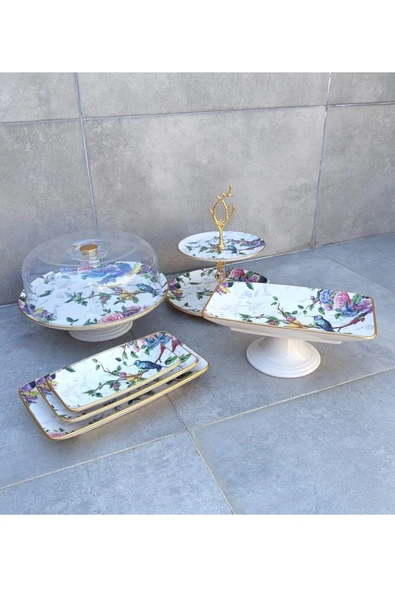 Pinkev 6 Parça Kuş Desen Seramik Pasta Sunum Tabağı Seti - Resim 2