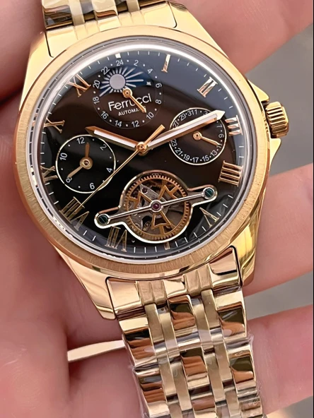 Ferrucci Otomatik Mehtap Ve Güneş Kadranlı Bileklik Hediyeli 3 Atm Erkek Kol Saat FF.G3606.3 - Resim 4