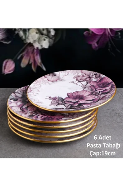 Pinkev Petunia 21 Parça 12 Kişilik Seramik Kahvaltı Pasta Tabağı Takımı - Kup124p - Resim 3