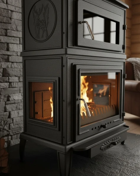 Reyo Stove Salda Üç Camlı Yan Kapak Fırınlı Döküm Şömine Soba - Resim 2