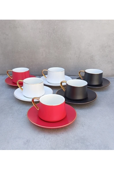 Pinkev 6 Kişilik Mat 3 Renkli 110ml Büyük Boy Porselen Kahve Fincanı Takımı ürün görseli