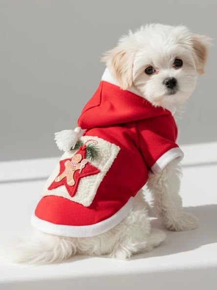 Yıldız Desenli Yılbaşı Köpek Kıyafeti Premium Kırmızı Polar | Kapüşonlu Noel Köpek Kostümü | Küçük Irklar İçin ürün görseli