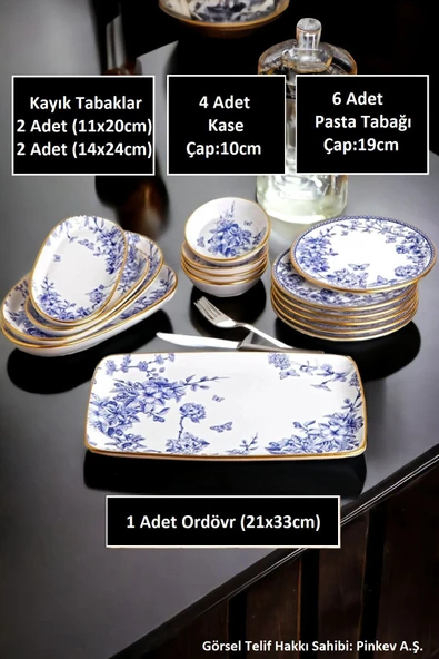 Pinkev 15 Parça Seramik Kahvaltılık Kahvaltı Tabağı Takımı Seti - Mavi Gold - Resim 2