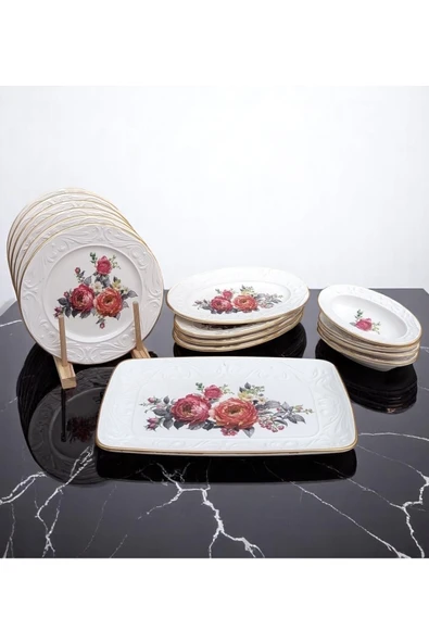 Pinkev 15 Parça Seramik Pasta Kahvaltı Sunum Tabağı Takımı - Nar Çiçeği - Resim 3