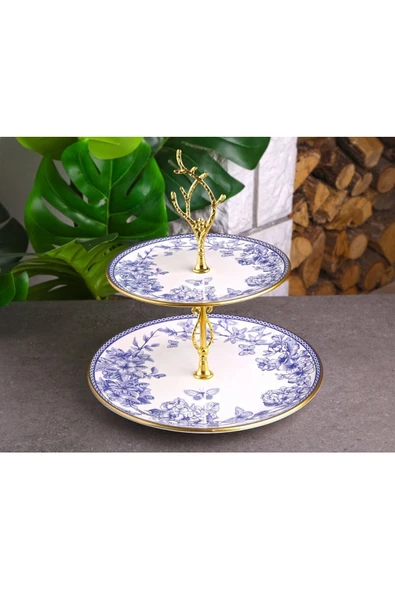 Pinkev Butterfly 9 Parça Fanuslu Seramik Pasta Servis Sunum Tabağı Seti - Resim 4