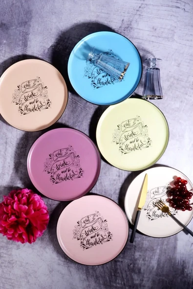 Pinkev 6 Kişilik Seramik 22cm Renkli Pasta Servis Sunum Tabağı Seti - Motto ürün görseli