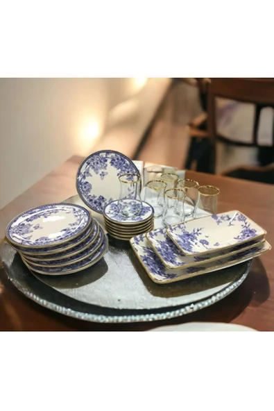 Pinkev Butterfly 21 Parça Çay Bardaklı Seramik Pasta Kayık Kahvaltı Sunum Tabağı Takımı Seti ürün görseli