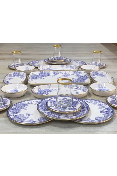 Pinkev Butterfly 27 Parça 6 Kişilik Seramik Kahvaltılık Kahvaltı Takımı Seti - Kup115s - Resim 4