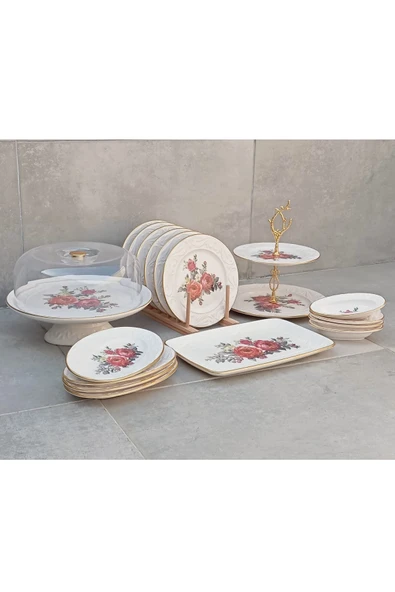 Pinkev 19 Parça 6 Kişilik Seramik Pasta Sunum Tabağı Seti ürün görseli