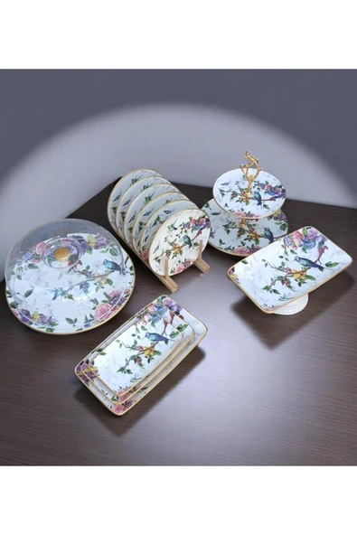 Pinkev 13 Parça 6 Kişilik Kuş Desenli Seramik Pasta Sunum Tabak Seti - Resim 4