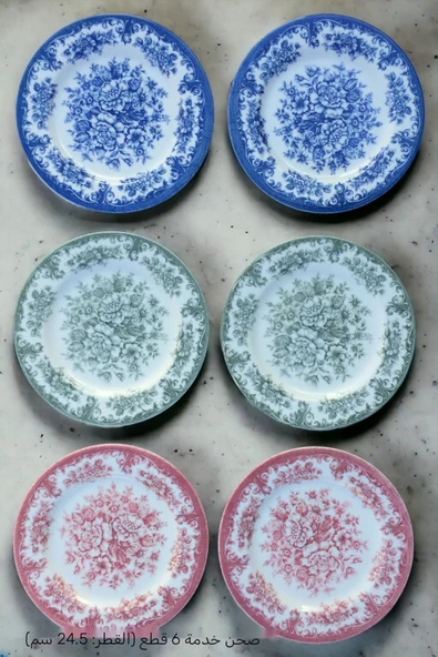 Pinkev 6 Kişilik Porselen 3 Renk Rosabella 24,5cm Servis Sunum Tabağı Takımı Seti - Resim 6