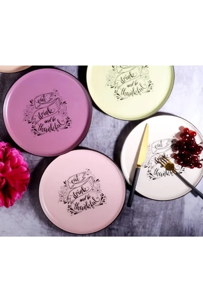 Pinkev 6 Kişilik Seramik 22cm Renkli Pasta Servis Sunum Tabağı Seti - Motto - Resim 2