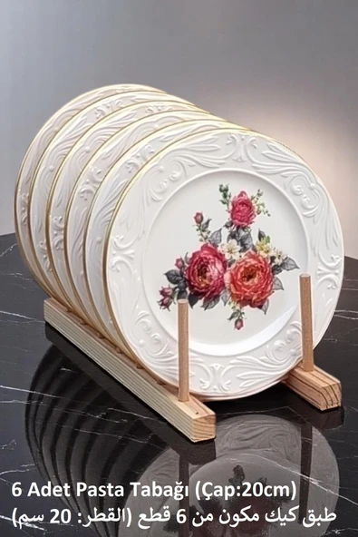 Pinkev 8 Parça Seramik Pasta Sunum Tabağı Takımı - Nar Çiçeği - Resim 2