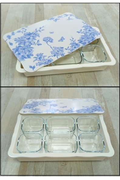 Pinkev Melamin Tepsili 6'lı Cam Kahvaltılık Kase Seti - Mavi Çiçekli ürün görseli