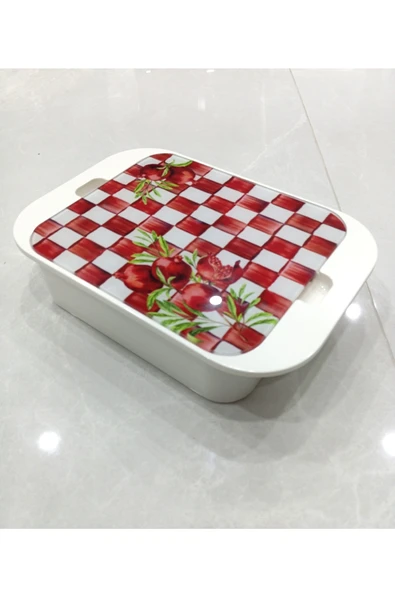 Pinkev 4lü Cam Kapaklı Melamin Tepsili Kahvaltılık Seti - Nar Desenli - Resim 2