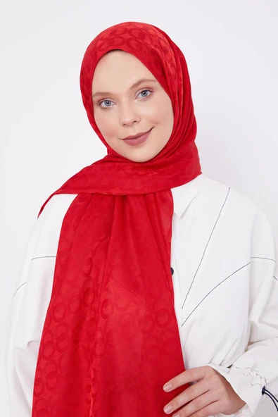 Kırmızı Halka Desen Jakarlı Janjan şal - Resim 2