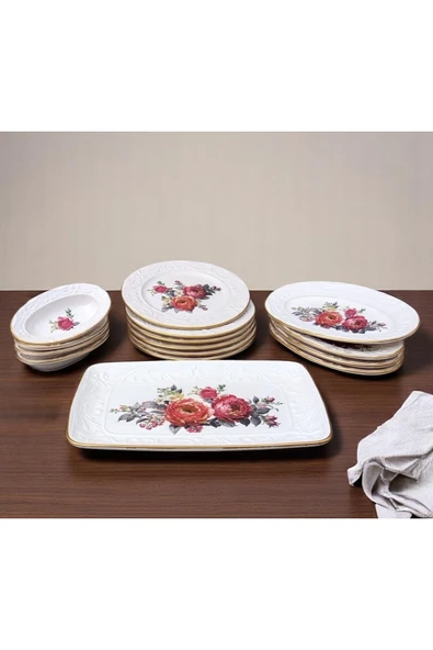 Pinkev 15 Parça Seramik Pasta Kahvaltı Sunum Tabağı Takımı - Nar Çiçeği ürün görseli