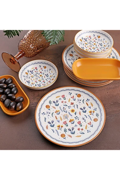 Pinkev 6 Kişilik 12 Parça Turuncu Çiçek Desenli Seramik Kahvaltı Seti Takımı - Resim 4