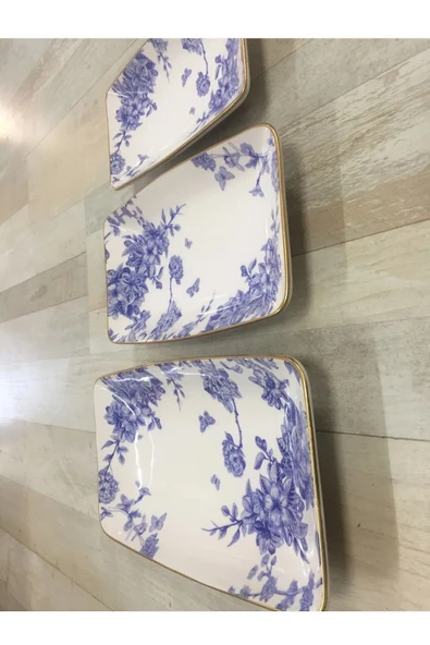 Pinkev Mavi Çiçekli 3'lü Seramik Kayık Servis Sunum Tabak Seti - Resim 3