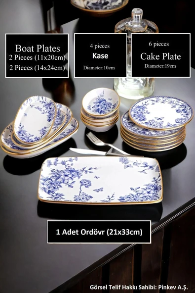 Pinkev 15 Parça Seramik Kahvaltılık Kahvaltı Tabağı Takımı Seti - Mavi Gold - Resim 4