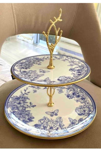 Pinkev Mavi Çiçekli Seramik Çift Katlı Kurabiyelik Pasta Sunum Tabağı Standı - Resim 4