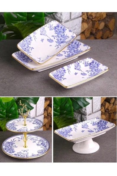 Pinkev Butterfly 5 Parça Seramik Pasta Kurabiyelik Kayık Tabak Servis Sunum Seti ürün görseli