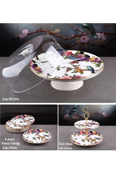 Pinkev Flora 8 Parça Seramik Fanuslu Pasta Sunum Tabağı Seti - Kup125f - Resim 2
