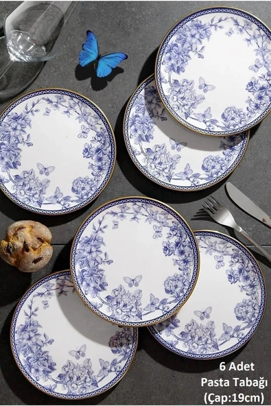 Pinkev Butterfly 18 Parça Çay Bardaklı Seramik Pasta Tabağı Seti - Kup119s - Resim 3