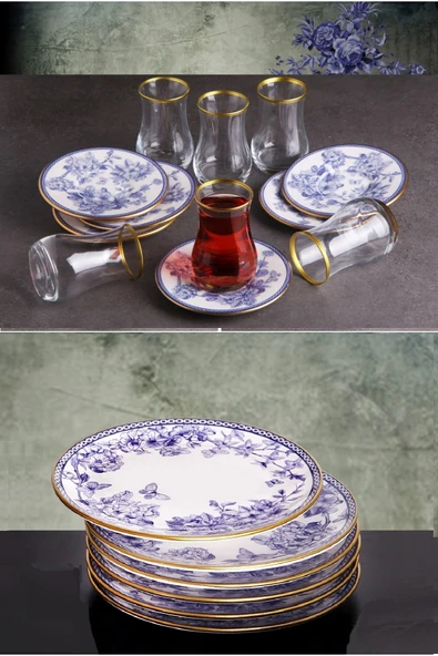 Pinkev Butterfly 18 Parça Çay Bardaklı Seramik Pasta Tabağı Seti - Kup119s ürün görseli
