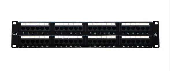 Beek 48 Port Cat6 UTP Patch Panel, 8P8C, Altın Kontak, LSA, 2U, zırhsız/unshielded, kablo tutuculu<br>
Beek 48 Port Cat6 UTP Patch Panel, 8P8C, Gold contact,LSA, 2U, unshielded, with cable holde ürün görseli