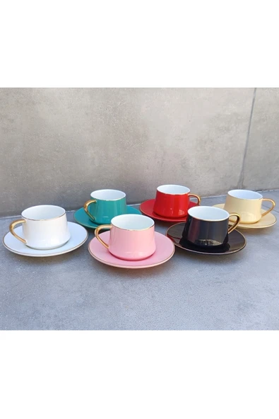 Pinkev 6 Kişilik Parlak 6 Renkli 110ml Büyük Boy Porselen Kahve Fincanı Takımı - Resim 2
