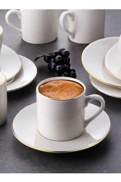 Pinkev 6 Kişilik Altın Yaldızlı Porselen Kahve Fincan Takımı - Beyaz - Resim 2