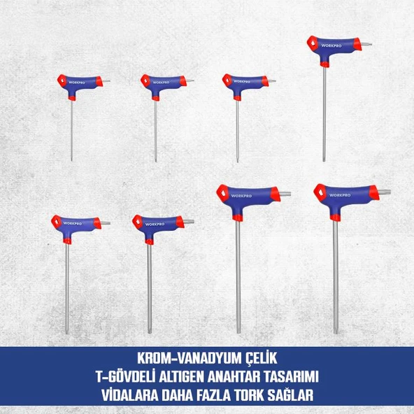 WORKPRO WP200543 8 Parça CR-V T Tipi Uzun Delikli Torx Profesyonel Allen Anahtar Takımı - Resim 8