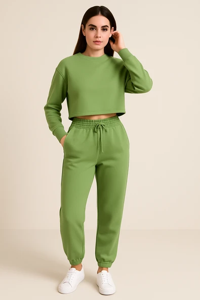 Kadın Paça Lastik Üç İp Şardonlu Lopez Eşofman Altı Yeşil - Resim 2