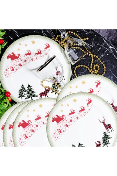 Pinkev 6 Kişilik Porselen 24,5cm Yılbaşı Desenli Servis Sunum Tabağı Tabak Seti - Resim 3