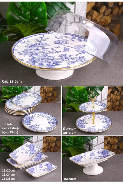 Pinkev Butterfly 13 Parça Fanuslu Pasta Kahvaltı Servis Sunum Tabağı Takımı Çeyiz Seti ürün görseli