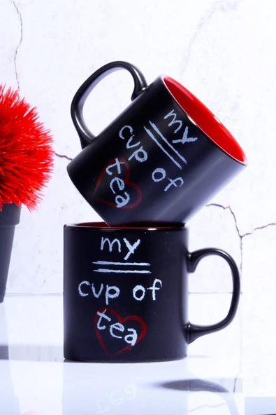 Pinkev 2 Adet Siyah Kırmızı Çift Renkli Seramik Kupa ürün görseli