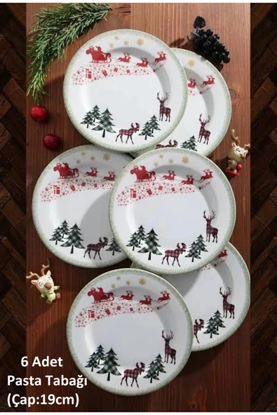 Pinkev 6 Kişilik Porselen 19cm Yılbaşı Desenli Pasta Tatlı Tabağı Tabak Seti ürün görseli