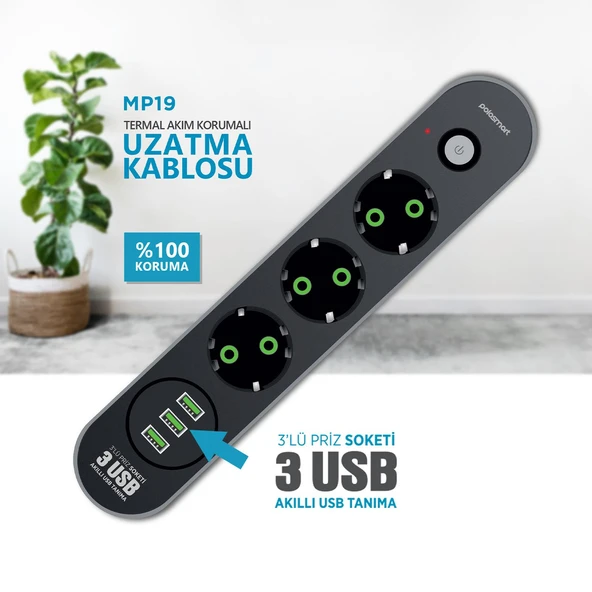 Polosmart MP19 Uzatma Kablosu 3 Prizli 3 USB'li 2 Metre Kısa Devre Korumalı Siyah - Resim 6