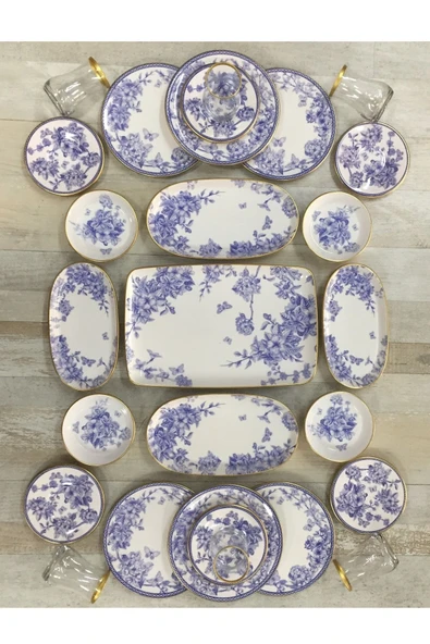 Pinkev 27 Parça 6 Kişilik Mavi Gold Çay Bardaklı Seramik Kahvaltı Pasta Tabağı Sunum Takımı Seti - Resim 3