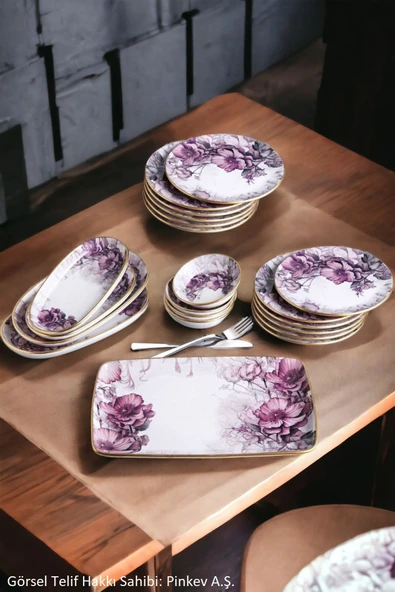 Pinkev Petunia 21 Parça 12 Kişilik Seramik Kahvaltı Pasta Tabağı Takımı - Kup124p ürün görseli