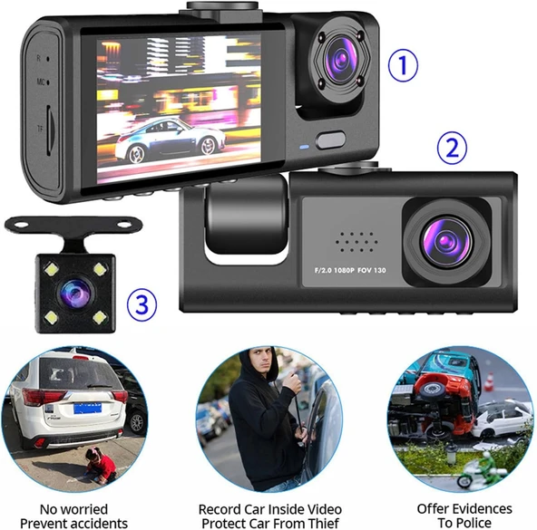 Daytona T717 Dash Cam Araç İçi Kamera 1080P+720P Full Hd Kamera Ön,Arka ve İç Kayıt 3 Kamera Gece Görüşlü G Sensör Geniş Açı - Resim 6