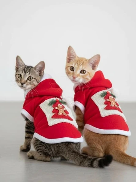 Yılbaşı Ağacı Premium Kırmızı Polar Kedi Kıyafeti | Kapüşonlu Noel Kedi Sweatshirt ürün görseli 1